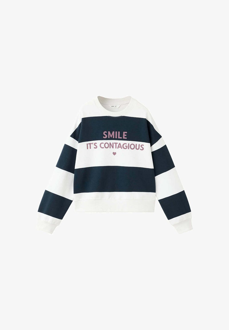 Sweat-shirt à manches longues avec larges rayures noires et blanches et texte rose disant "SMILE IT'S CONTAGIOUS" avec un petit cœur en dessous.