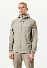 Light gray, hooded jacket with zippered front, two chest pockets, elastic cuffs, and a relaxed fit, made of water-resistant material.