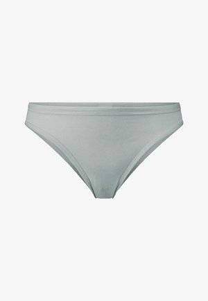 Hellgraue Damen-Bikinislip-Unterwäsche mit schmalem elastischem Bund und glattem Stoff, flach auf weißem Hintergrund präsentiert.