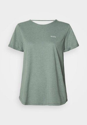 Grünes T-Shirt mit kurzen Ärmeln, Rundhalsausschnitt und Roxy-Logo in Weiß aufgedruckt. Hergestellt aus einem weichen, strukturierten Stoff mit lässigem Schnitt.