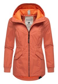 Kerge korallivärvi jakk, millel on lukuga ees, kaks esikotti, elastsed mansetid ja oranž vooder logofriigiga.