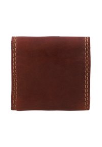 Portafoglio in pelle marrone con cuciture beige lungo i bordi, chiuso e mostrato su uno sfondo bianco.