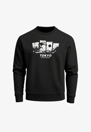 Schwarzer Sweatshirt mit einem weißen grafischen Design, das japanischen Text sowie eine Darstellung von Bergen und einer Sonne zeigt und ein Tokio-Thema vermittelt.