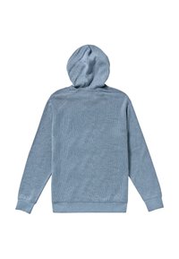 Blue hooded sweatshirt with a textured fabric. Features long sleeves, a ribbed hem, and a drawstring detail on the hood.