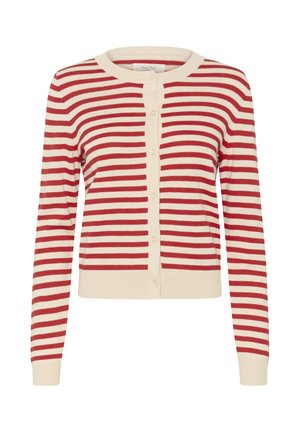 Rood en crèmekleurig gestreepte cardigan, gemaakt van zachte stof, met lange mouwen, een ronde halslijn en zes knoopsluitingen aan de voorkant.