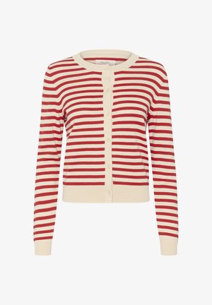 Raudona ir grietinėlės spalvos juostelėmis megztinis, pagamintas iš minkštos medžiagos, su ilgomis rankovėmis, apvaliu iškirpimu ir šešiomis sagomis priekyje.