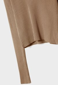 Beige geripptes Strickoberteil mit Ärmeln und einem Teil des Oberkörpers, das vertikale Strukturlinien und einen weichen Stofffall vor einem weißen Hintergrund zeigt.