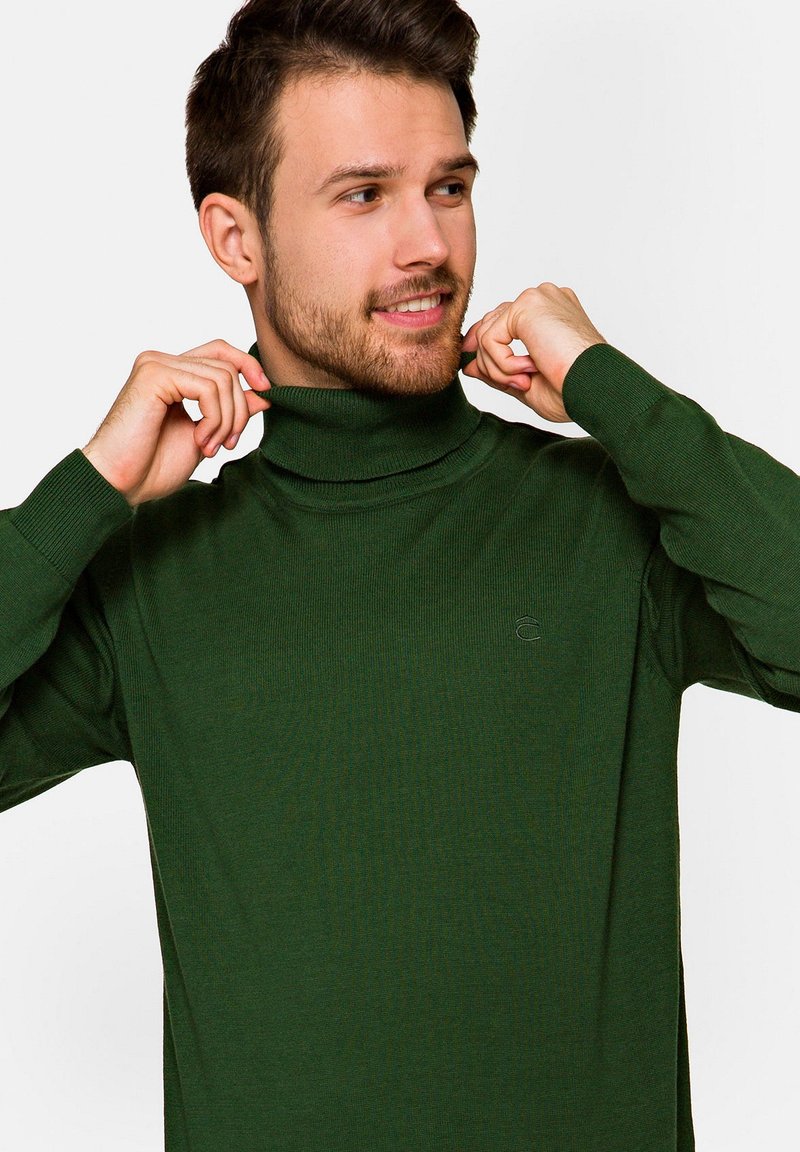Ciemnozielony sweter z golfem wykonany z prążkowanego materiału, z dopasowanym krojem i małym logo na piersi.