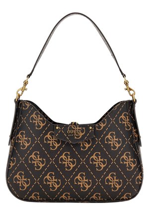 Zwarte en bruine Guess-schoudertas met goudkleurig logopatroon, diamantstiksels, bovenhandvat en centraal Guess EST 1981-label.