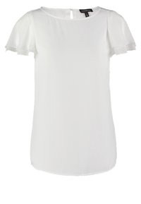 Bílá blůza s krátkými rukávy, kulatým výstřihem, detaily ve tvaru klíčové dírky na zadní straně a jemnou, lehkou tkaninou. Hladký povrch bez vzorců.