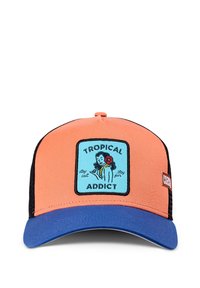 Orange and black baseball cap with a blue visor. Features a square badge with "Tropical Addict" and embroidered character details.