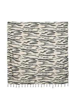 Square cream scarf with irregular black tiger stripe pattern and small black tassels with white beads along the bottom edge.