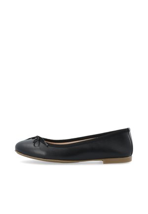 Black leather ballet flat with a round toe, featuring a small bow detail on the vamp and a flexible beige rubber sole. Smooth texture.