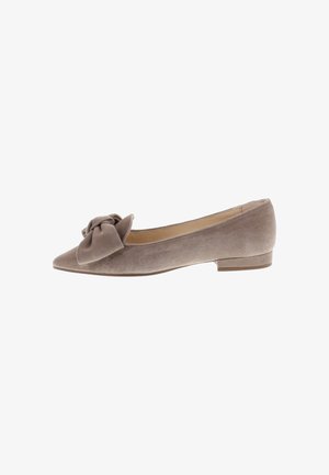 Taupe suede flat shoe with pointed toe, decorative large bow on top, and low block heel.