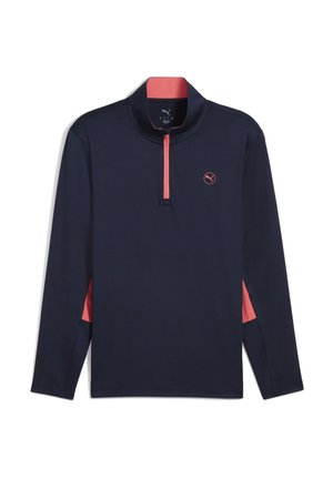 Marineblaues langärmliges Poloshirt mit einem halbseitigen Reißverschluss am Kragen, das eine pinke Akzentuierung am Kragen und an den Seiten hat sowie ein kleines Logo auf der Brust.