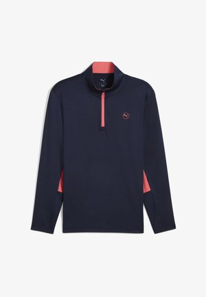 Mornarski polo majica s dugim rukavima i polu-zip ovratnikom, s ružičastim naglaskom na ovratniku i bočnim panelima, te malim logotipom na prsima.