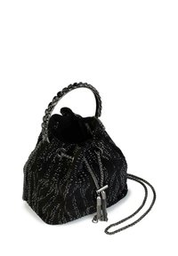 Borsa a secchiello in suede nero con motivo testurizzato, manico in catena argentata e chiusura a coulisse con dettagli in nappina.