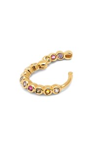 Bague en ton doré avec plusieurs gemstones colorés, montures rondes, design circulaire lisse et forme flexible pour un port facile.