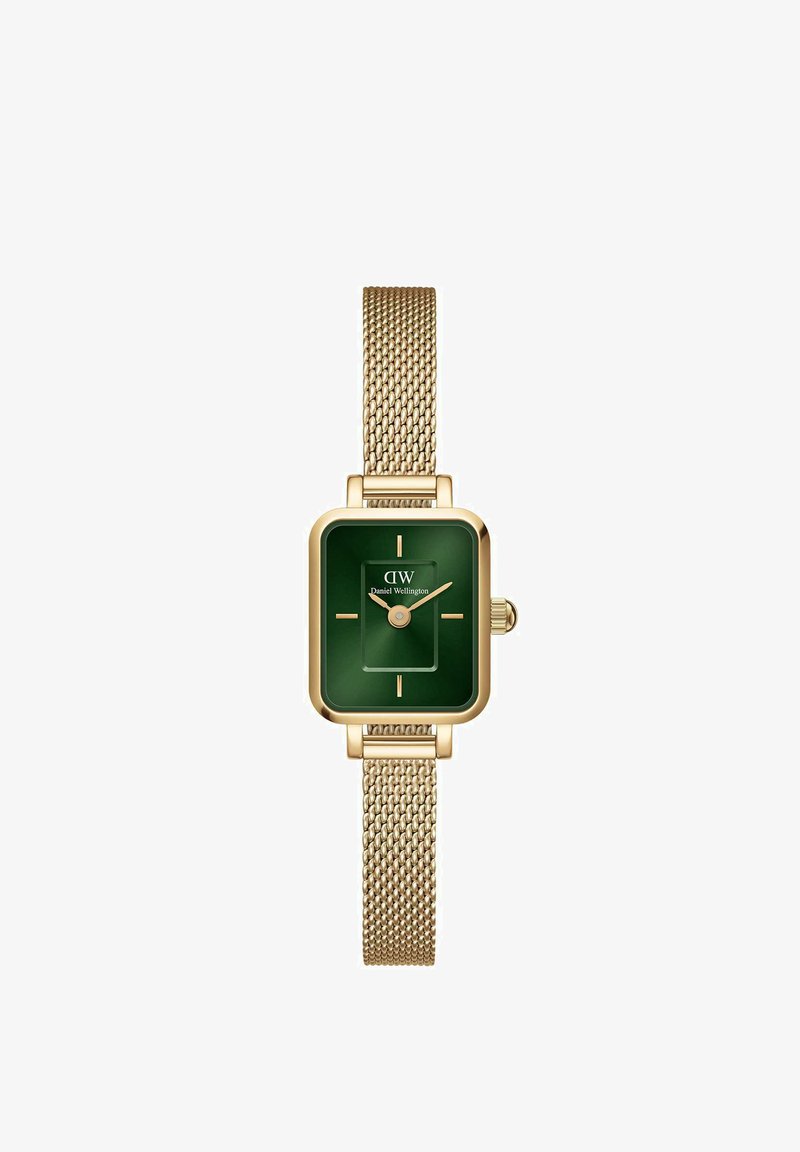 Grüne rechteckige Uhr mit goldfarbenem Mesh-Armband, ausgestattet mit minimalen Markierungen und einer kleinen Krone an der Seite. Glänzende Oberfläche des Ziffernblatts.