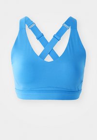 Μπλε αθλητικό σουτιέν με σχέδιο V-λαιμόκοψη και σταυρωτές τιράντες. Κατασκευασμένο από απαλό υλικό με σφιχτή σιλουέτα και διακριτές ραφές.