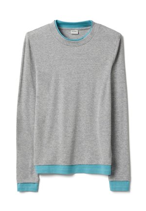 Grauer Sweatshirt mit langen Ärmeln, türkisfarbenen Abschlüssen an Bündchen, Saum und innenseite des Kragens, vor weißem Hintergrund präsentiert.