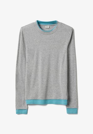 Grauer Sweatshirt mit langen Ärmeln, türkisfarbenen Abschlüssen an Bündchen, Saum und innenseite des Kragens, vor weißem Hintergrund präsentiert.