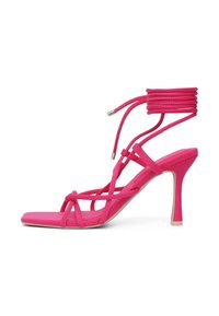 Rosa High-Heels mit Riemen-Design, featuring ein dickes Knöchelband und glattem synthetischem Material, spitze Zehen und schmale Absatz.