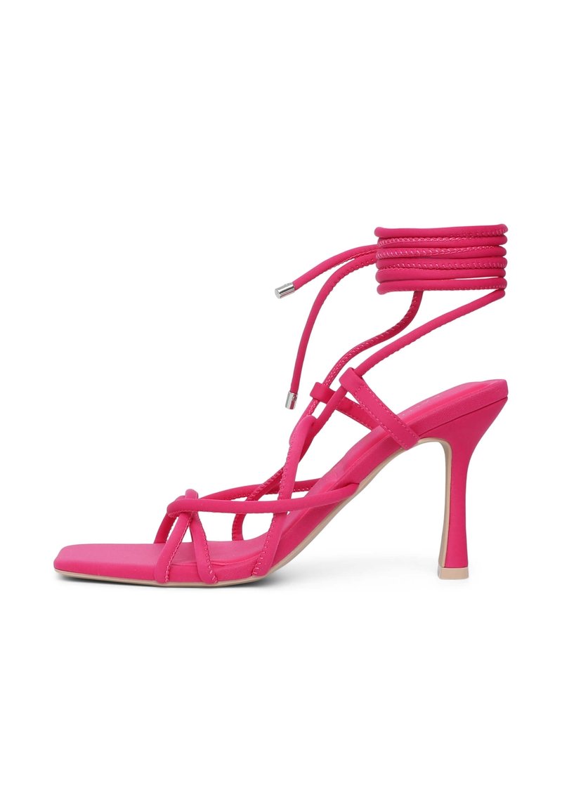 Rosa High-Heels mit Riemen-Design, featuring ein dickes Knöchelband und glattem synthetischem Material, spitze Zehen und schmale Absatz.