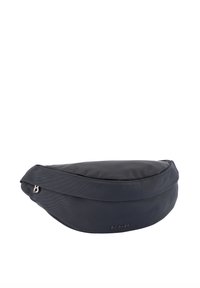 Zwarte nylon tas met een soepel, afgerond ontwerp en een ritssluiting. Voorzien van subtiele logogegevens en een gestructureerde afwerking. Compacte vorm.