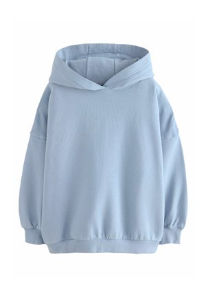 Lichtblauwe hoodie met een ontspannen pasvorm, voorzien van een grote capuchon, lage schoudernaden en ribgebreide manchetten en zoom. Soepele textuur.