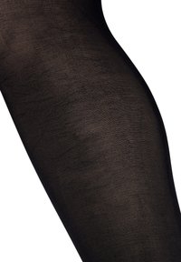 Sorte gennemsigtige strømpebukser med en glat tekstur, let blank finish og et tætsiddende, indsnævret design, der fremhæver benets form.