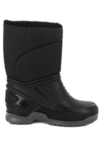 Schwarzer wasserdichter Stiefel mit gepolstertem Schaft, strukturiertem Gummi-Außensole und horizontalen Stickdetails. Verfügt über einen mit Fleece gefütterten Kragen.