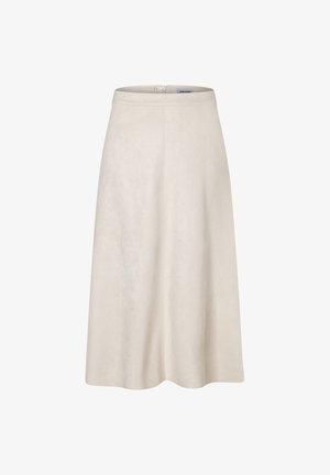 Off-White, knielanger A-Linien-Rock mit Reißverschluss und Knopfverschluss auf der Rückseite, aus weichem, suedéähnlichem Material gefertigt.