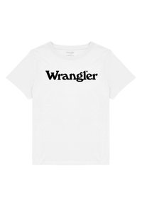 Bílý bavlněný tričko s výrazným černým logem "Wrangler" na hrudi, kulatým výstřihem a krátkými rukávy.
