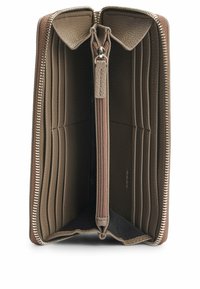 Brown leather wallet with multiple card slots, a central zippered compartment, and a textured exterior. Zipper closure along the top edge.