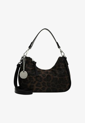 Černá a hnědá kabelka se vzorem leopardí kůže, zaobleného tvaru, s texturovaným materiálem a stříbrnými kovovými doplňky, vybavená odnímatelným popruhem.