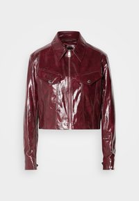 Cropped burgundy leather jacket with a glossy finish, pointed collar, zip-front closure, and two chest pockets with snap buttons.