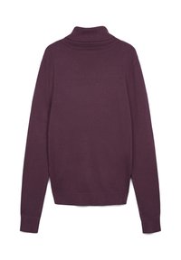 Dunkellila Pullover mit hohem, geripptem Kragen. Hat lange Ärmel und einen schlichten, strukturierten Stoff. Keine sichtbaren Muster oder Akzente.