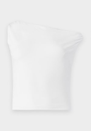 White, one-shoulder top made of smooth fabric. Features a fitted design with an asymmetrical neckline and a simple hem.