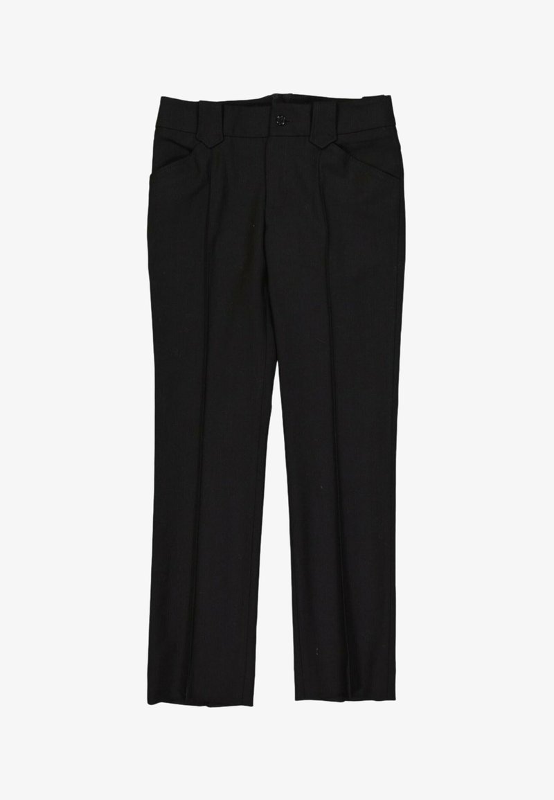 Pantalon formel noir avec passants pour ceinture, poches latérales et fermeture avant à boutons, présenté à plat sur fond blanc.