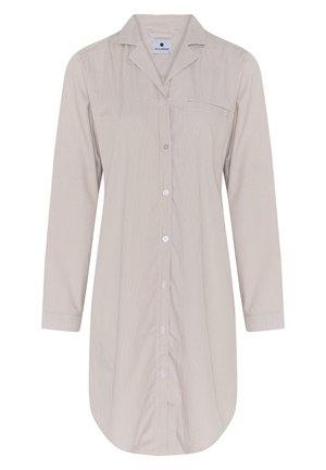 Camisa a rayas en beige claro con mangas largas, parte delantera abotonada y un bolsillo en el pecho. Tela suave con una textura lisa y dobladillo redondeado.