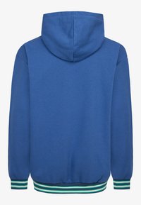 Felpa blu con cappuccio, polsini e orlo a costine con strisce verdi e bianche. Texture morbida con una finitura liscia.