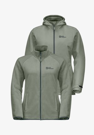 Fleece and waterproof jackets in light green, featuring zippers, pockets, and brand logo. Soft texture on the fleece, smooth surface on the jacket.