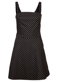 Černé šaty se čtvercovým výstřihem, tenkými ramínky a rozšířenou sukní. Mají růžové puntíky a hladkou texturu tkaniny.