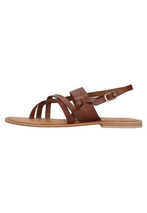 Brun læder fladsandal med flere tynde remme, der krydser foden, og en justerbar ankelrem med en sølvspænde.