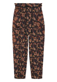 Zwarte broek met een bloemenpatroon in oranje en crèmekleur. Voorzien van een tailleband met trekkoord en twee zijzakken. Lichtgewicht materiaal.