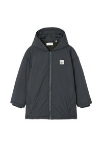 Tumehall kapuutsiga pufferjope, esikinnis, küljetaskud ja vasakul rinnal ruudukujuline logo. Sile tekstuur ja lõdvestunud lõige.