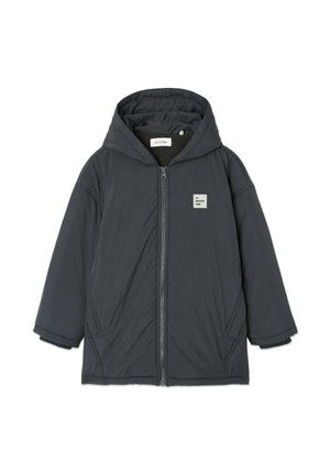 Tumehall kapuutsiga pufferjope, esikinnis, küljetaskud ja vasakul rinnal ruudukujuline logo. Sile tekstuur ja lõdvestunud lõige.