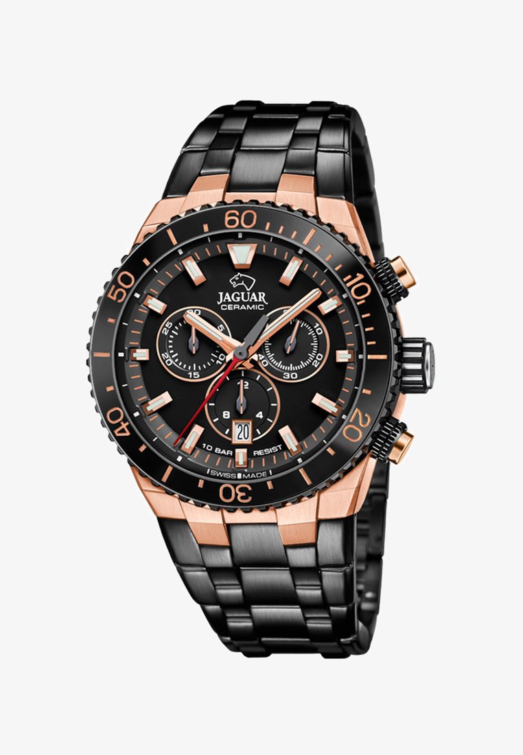 Melna keramikas pulksteņi ar rozā zelta akcentiem, hronogrāfa ciparnīcām, melnu rāmi un saites aproci. Iespējas datuma rādītājs un ūdensizturība.