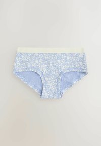 Brief con motivo floreale blu e vita elastica off-white. Tessuto morbido, design a vita media e copertura completa con aperture rotonde per le gambe.